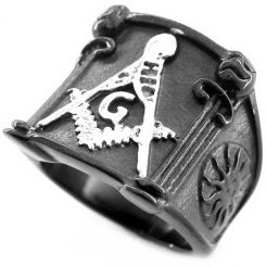 **COI Titanium Black Silver Masonic Freemason Ring-8073BB
