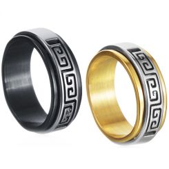 **COI Titanium Black/Gold Tone Silver Greek Key Pattern Step Edges Ring-8292BB
