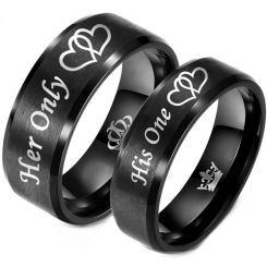 **COI Black Titanium His One Her Only Double Hearts Beveled Edges Ring With Crown-8318BB