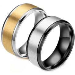 **COI Titanium Black/Gold Tone Silver Step Edges Ring-8338BB