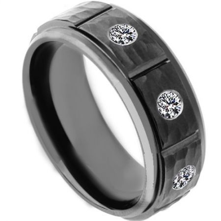 COI Black Titanium Hammered Ring With Cubic Zirconia - 4181
