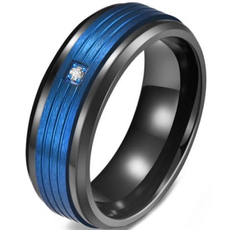 **COI Titanium Black Blue Triple Grooves Ring With Cubic Zirconia-5817