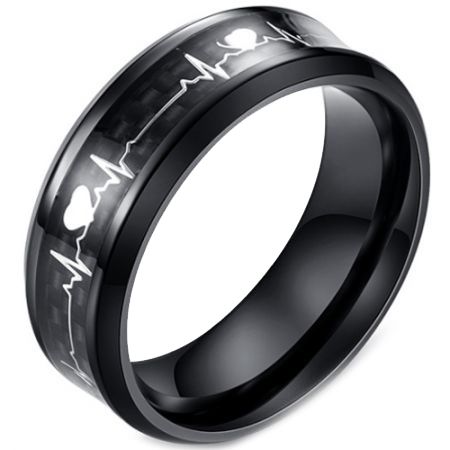 **COI Titanium Black/Blue/Silver Heartbeat & Heart Beveled Edges Ring With Carbon Fiber-5875