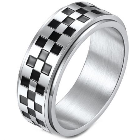 **COI Titanium Black Silver Checkered Flag Step Edges Ring-7267AA