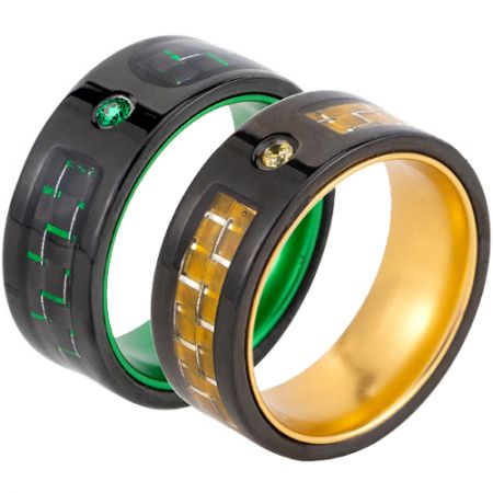 **COI Titanium Black Green/Yellow Carbon Fiber Ring With Cubic Zirconia-7384BB